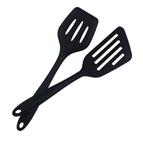 Spatula, 2 pieces, 35 cm silicone slotted turner spatula, Black, 2pcs - Image 3