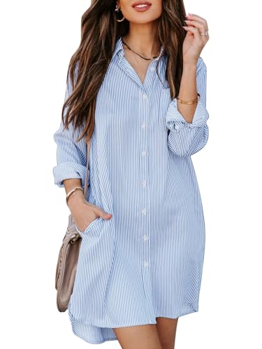 Aoudery Womens Button Down Shirt Dresses with Pockets Striped Cotton Shirts Collared Long Sleeve High Low Blouse Tops-Light Blue XL