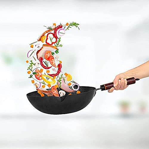 Wok de acero al carbono con mango de madera y tapa miniatura 4