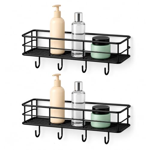 Image of DALUCI Bathroom Organiser Without Drill GI Steel Self Adhesive Bathroom Shelf Rack Stand for Wall Rustproof Shampoo Holder Bathroom Kitchen Shelf Bathroom Accessories Set (Black, 2 Pcs)
