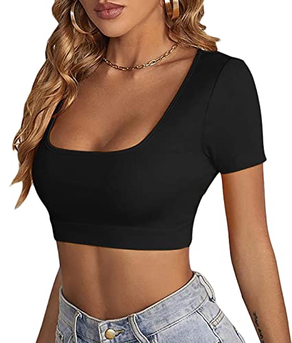 LYANER Women's Summer Crop Tops Square Neck Short Sleeve Workout Shirt Going Out Sexy Top Basic Slim Fit Tees4