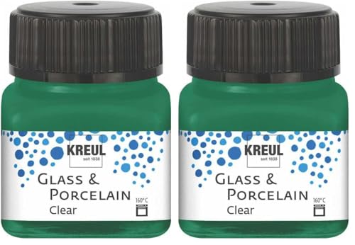 KREUL 16224 - Vidrio y Porcelana Transparente verde oscuro, en bote de 20 ml, pintura transparente al agua para vidrio y porcelana, de secado rápido, cristalina (Paquete de 2)