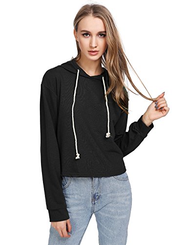 MakeMeChic Women's Casual Long Sleeve Pullover Hoodies Crop Tops Sweatshirt 1# Black M