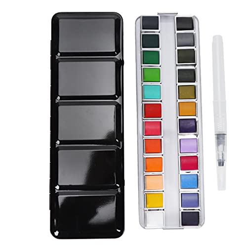 Kit de pintura de acuarela, juego de pigmentos de acuarela de colores brillantes portátiles, pinturas sólidas no sólidas con caja de hierro, colores fáciles de mezclar para (24 colores color normal
