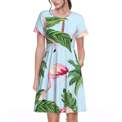 Robe d'été à manches courtes pour femme imprimé flamants roses