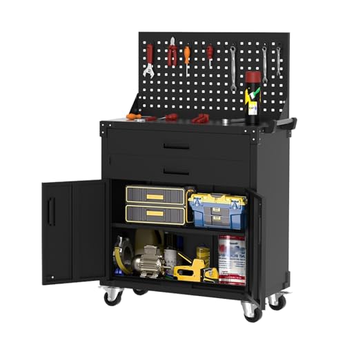 Euker Tool Chest Cabinet Mobile Garage Workbench - 35' High with 2 Drawers, Pegboard, Heavy Duty Metal Rolling Design, Adjustable Shelf, and Durable 0.6MM Coated Steel.