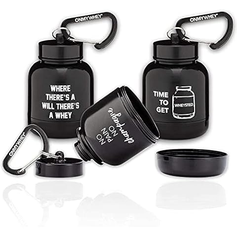 OnMyWhey - Protein Powder and Supplement Funnel Keychain, Portable to-Go Container for The Gym, Workouts, Fitness, and Travel - TSA Approved, Punny Variety 3-Pack Cover