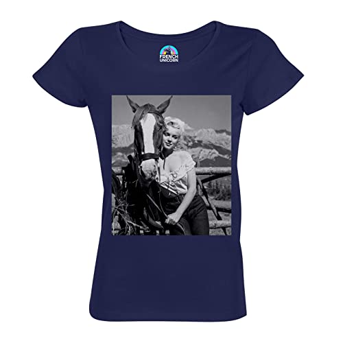 French Unicorn T-Shirt Femme Col Rond Coton Bio Marilyn Monroe Cheval Star Hollywood Photo Retro