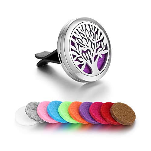 Flongo Pince pour Voiture Acier Inoxydable Aimant Motif Arbre de la Vie Rond Boîtier Creux Diffuseur Essence Essentiel Parfum Fantaisie Cadeau Parfait Homme Femme Cover