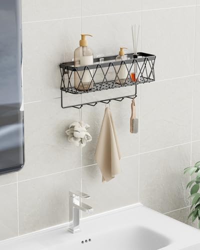 Image of Key Holder Wall Mount Adhesive- Key and Mail Holder for Wall with 5 Hooks, Wall Mounted Mail Organizer and Key Rack, Modern Basket Key Hanger for Entryway, Home, Living Room Wall Decor, Black