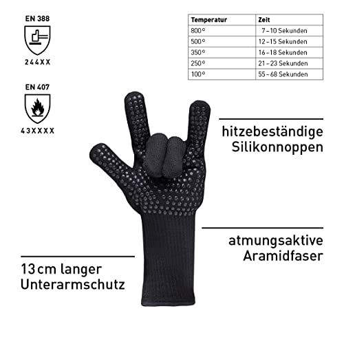 höfats - Grillhandschuhe - bis 800°C Hitzebeständiger Feuerhandschuh, feuerfeste Handschuhe aus Aramidfaser – rutschfeste Oberfläche Dank Silikonnoppen - Zertifiziert nach EN 407 und EN 388