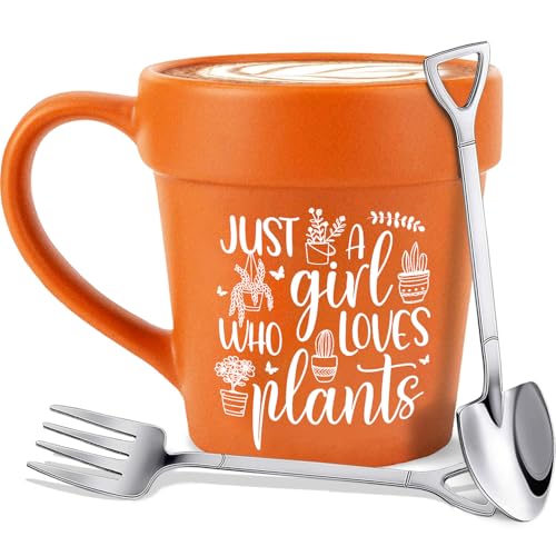 14oz Large Plant Mug With Shovel Spoon & Fork Easily Distracted By Plants Flower Pot Coffee Mug Gardening Mug - Handmade Plant Lover Gifts Idea for Women Grandma Mom Mothers Day Christmas