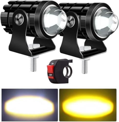 Image of Jumbuck Universal Bike LED Light - High Power Motorcycle Fog Lamps Mini Driving Lights with White /Yellow Dual Color Projector Lens & Switch (Set of 2Pcs)