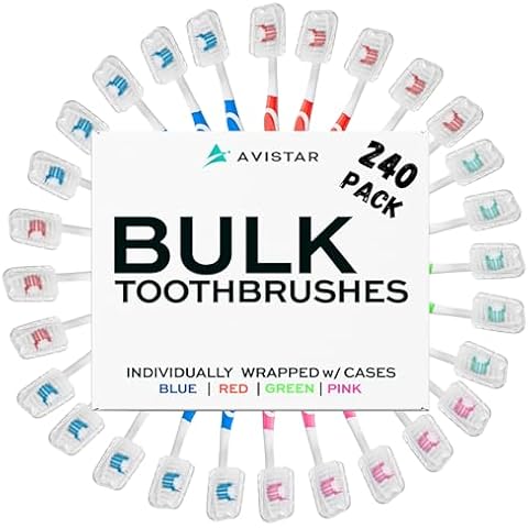 240 Pack Bulk Toothbrushes w/Cover Caps, Individually Wrapped Disposable Travel Toothbrush, Value Size, Long Lasting 3+ Months, Med-Soft Manual Teeth Brush Bristles, 4 Colors (Red Green Blue Pink) Cover