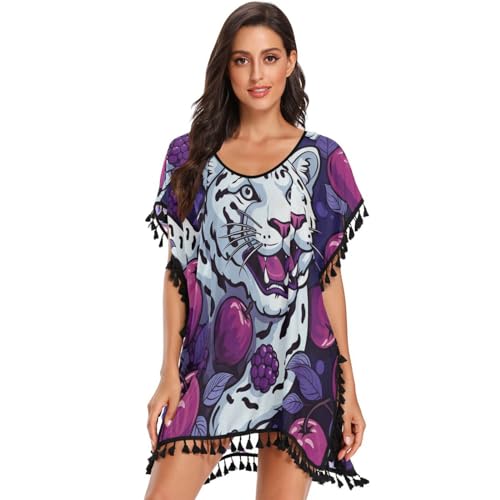 White Tiger Purple Art Women's Beach Cover Up Chiffon Tassel Swimwear Swimsuit Coverups for Girl