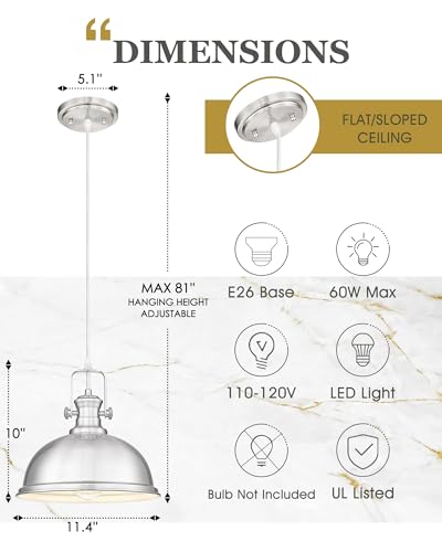 Image of 11.5 inch Brushed Nickel Pendant Light for Kitchen Island, Metal Shade | Industrial Vintage Hanging Light Fixture for Dining Room Entryway, Adjustable Height Cord, E26 Base, AD-2151-1PL-SN