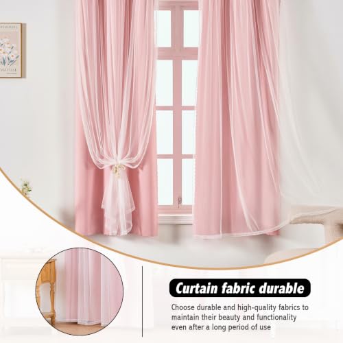 Image of Anytime Double Layer Blackout Curtains 2 Panels,35Wx63L,Blush Pink | Sheer And Fabric Window Drapes Grommet Top Solid Color Bedroom Living Room Home Decor