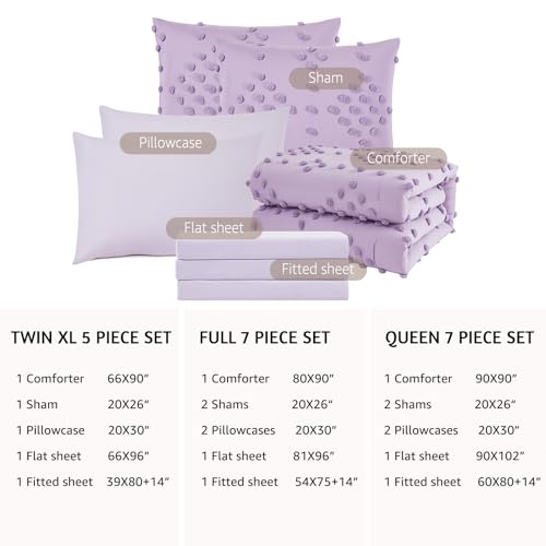 Image of Girls Twin Bedding Set - 5 Pieces Tufted Pom Bed in a Bag Purple Bed Set