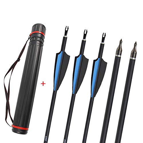 12 Pack Archery 31 Inch Hunting Carbon Arrow Spine 500 Targeting Practice Arrows with Removable Tips Arrowhead Arrow Quiver Tube for Hunting Recurve Compound Bow (Blue and Quiver)