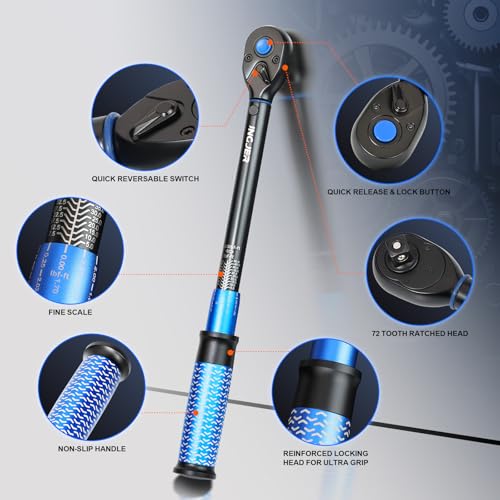 Image of 3 /8 Torque Wrench, 5-50Ft.Lb, UPGRADE torque wrench car | 6.8-67.8Nm, ±3% Precision Dual-Direction, 72 Tooth Click Adjustable Torque Wrench for moto Truck Car Tire Maintenance, Blue
