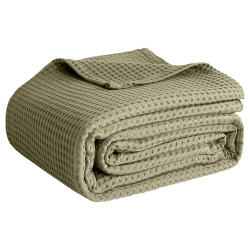 100% Cotton Blankets for Bed - Waffle Weave Blankets for Summer Lightweight and Breathable Soft Woven Blanket for Spring (Olive Green Throw (50 x 60))