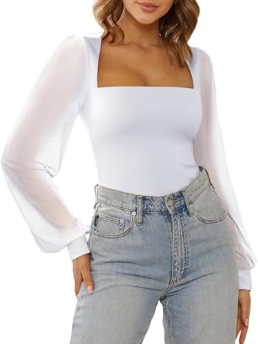 Image of PINKMSTYLE Women's Square Neck Double Lined Mesh Long Sleeve Bodysuits