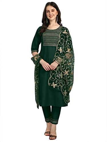 Image of VredeVogel Women Cotton Slub Straight Kurta Set With Pant and Net Embroidery Dupatta
