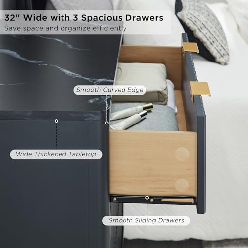 Image of T4TREAM Fluted 3 Drawer Dresser, 32 inch Tall Modern Chest of Drawers with Faux Marble Top, Curved Profile Design, Wood Drawer Organizer for Bedroom, Living Room, Hallway, Entryway, Dark Grey