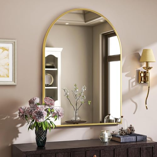 Image of VooBang Arched Wall Mirror, 30 x 38 inch Arch Bathroom Mirror, Wall Mounted Vanity Mirror with Arch Metal Frame, Modern Bathroom Vanity Mirror for Bedroom, Living Room, Hanging or Leaning, Gold