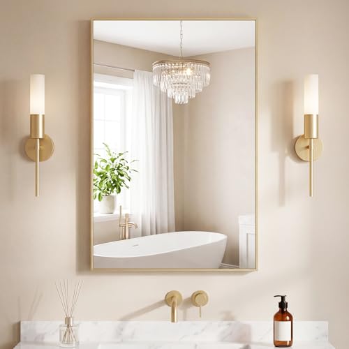 Image of NEWBULIG 24 inchx36 inch Wall Mirror, Bathroom Mirrors for Over Sink, Gold | Matte Metal Framed Vanity Mirror with Tempered Glass, Entryway, Living Room, Bathroom