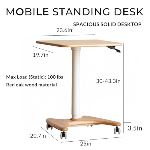 Image of 23.6in Mobile Standing Desk, 30-43.3in Rolling Desk Adjustable Height, One-Piece Solid Desktop, Wheels, Ideal for Home Offices, Apartments, Bed & Sofa, Natural Color