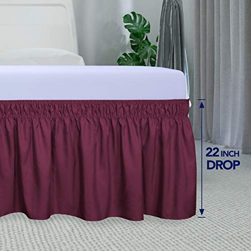 PureFit Wrap Around Ruffled Bed Skirt with Adjustable Elastic Belt - 22 Inch Drop Easy to Put On, Wrinkle Free Bedskirt Dust Ruffles, Bed Frame Cover for Twin,Twin XL and Full Size Beds, Wine