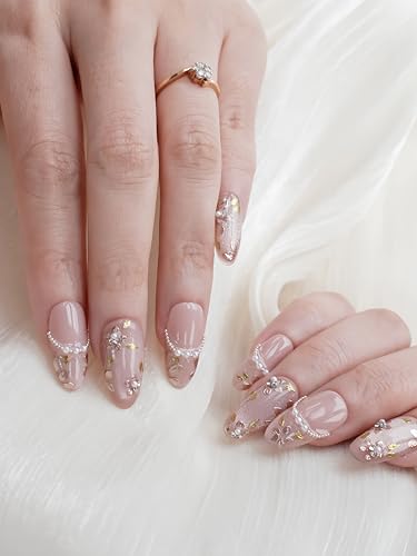 Duxile 手作り付け爪10枚セット ミディアムロング バレエデザイン|サクラ柄 フラワーアート|春コーデ スクエアオーバル アーモンド型|ピンク系 季節限定 (GF01, S)