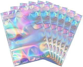 YQL 100PCS Holographic Packaging Bags, 14cm X 20cm Resealable Aluminium Foil Pouches Mylar Ziplock Bags For Food Storage Candy Wrap Coffee Bean Jewelry Lip Gloss