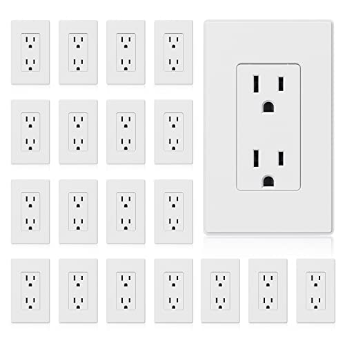 ELEGRP Matte White Standard Decorator Electrical Wall Receptacle Outlet 15A 125V 2 Pole 3 Wire Non-Tamper Resistant NEMA 5-15R Self-Grounding Wall Plate Included UL Listed 20 Pack