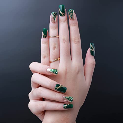 UPHUNAL Handmade False Nails Set Long Press on Nails 24Pcs Coffin Fake Nails for Any Occasions Reusable Acrylic Glossy Artificial Nails with Nail File Best for Mums or Ladies’ Gifts(Green)