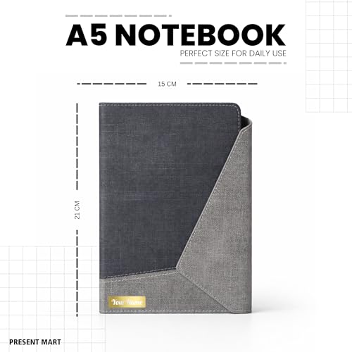 Image of FoldBook Mail Personalized Name Print A5 Notebook with Magnetic Flap Closure, Envelope Style 3-Fold Cover, 192 Pages Premium 80 GSM Paper, Bookmark Ribbon, Custom Journal Diary for Office School Gifts (DARK GREY)