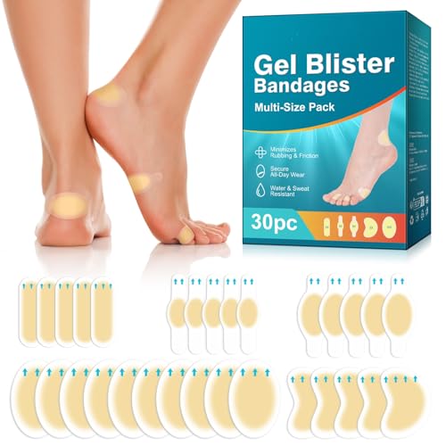 Gel Blister Bandages for Feet, 30ct Water-Resistant Hydrocolloid Bandages for Foot, Toe, & Heel...
