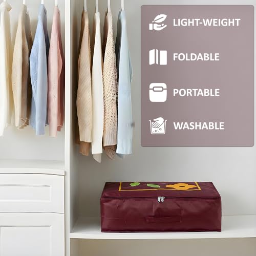 Image of Kuber Industries Parachute Saree Cover for Storage with Zip Closure | Wardrobe Organizer for Storage | Saree Organiser for Wardrobe | Embroidery Design - Maroon