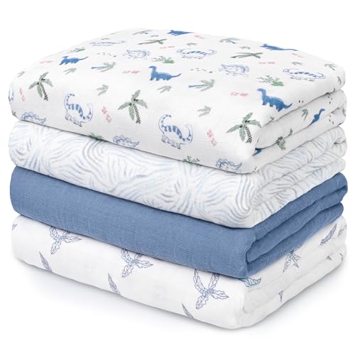 Image of GLLQUEN BABY Muslin Swaddle Blankets 4-Pack Breathable Receiving Blankets (35" x 40") Soft Baby Blankets for Girls and Boys Newborn Essentials Muslin Burp Cloths Swaddle Wrap Baby Gift(Dinosaur)