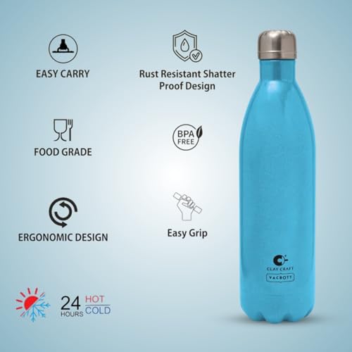 Image of Clay Craft Vacbott Stark Sparkle Double Walled|18 Hours Hot and 24 Hours| Cold Water Bottle Vacuum Insulated Flask Bottle|1000 ml, 2 Piece, Water Bottles for School, Home, Gym, Leakproof