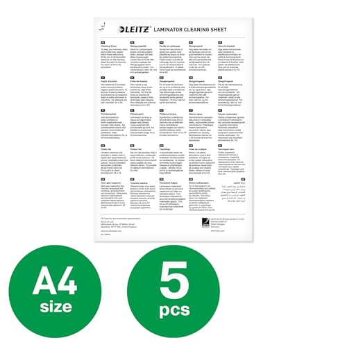 Leitz Premium A3/A4-Reinigungsblätter für Laminiergeräte - 5er-Pack, schützt vor Klebstoffablagerungen und Papierstaus, zur Wartung von Laminiermaschinen, 72550000
