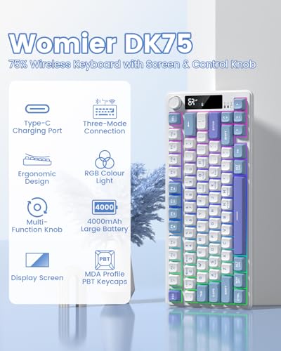 Image of Womier DK75 75% Wireless Gaming Keyboard, RGB Backlit Creamy Keyboard with Media Knob, OLED Screen, Tri-Mode 2.4GHz /USB-C /BT5.0, Anti-Ghosting No-Conflict Silent Membrane Keyboard for MAC Windows