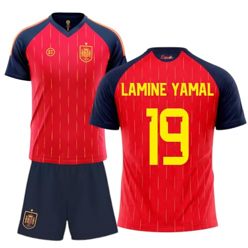 Stock Futbol camiseta selección española mundial 2026 2028 replica oficial | Kit niño camiseta y pantalón | Lamine Yamal 19 | Roja | Equipación fútbol infantil | Cómoda y transpirable