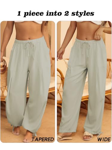 Image of Women's Linen Balloon Barrel Beach Pants Boho Harem Flowy Drawstring Casual Loose Pants with Pockets