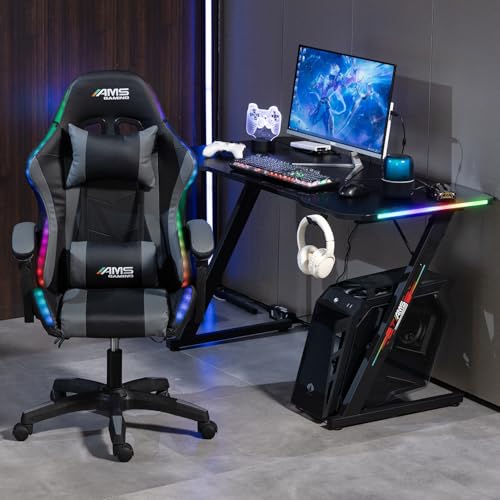 Chaise Gamer#02-Grey-LED - Coloris Noir & Gris - LED RGB 358 Effets - Télécomande - Coussins Lombaire & appuie-tête – Image 4