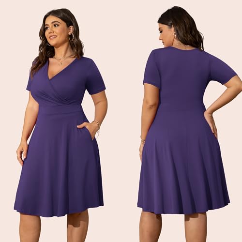 Image of POSESHE Womens Plus Size Dresses Summer Short Sleeve Wrap V-Neck Sundress Casual Wedding Guest Cocktail Dress with Pockets