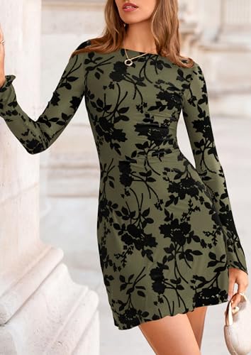 Image of PRETTYGARDEN Women's Fall Floral Long Sleeve Mini Dress | Printed Sheer Mesh, Bell Sleeve Boat Neck, Bodycon Short Dresses, Party Date Night, Cute Casual Outfits, Fashion Clothing