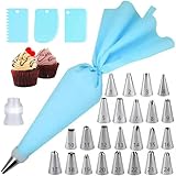 30 Piezas Mangas Pasteleras y Boquillas, 24 Boquillas de Acero Inoxidable, 1 Manga Pastelera Reutilizable de EVA, 3 Espátulas, 1 Adaptador 1 Caja de Almacenamiento, para Decorar Pasteles,Postres(Azul)