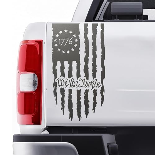 Image of GRITKULTURE We The People Distressed American Flag Decal Vinyl for Trucks, Cars, Tailgate, Windows Preamble of The US Constitution fits Most Pickup Trucks-Rear USA Flag Car Sticker (Metallic Grey)